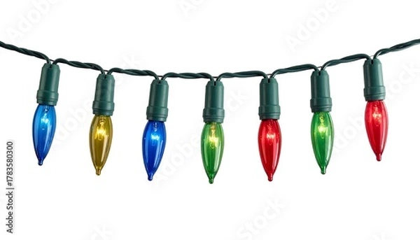 Fototapeta String of colorful, conical Christmas lights against a stark white background. The bulbs are in various hues, suggesting celebration