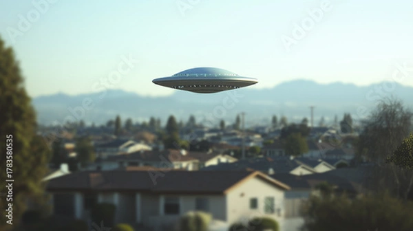 Obraz Daytime sighting of a UFO flying over a quiet residential neighborhood, realistic scene with clear sky and suburban background.