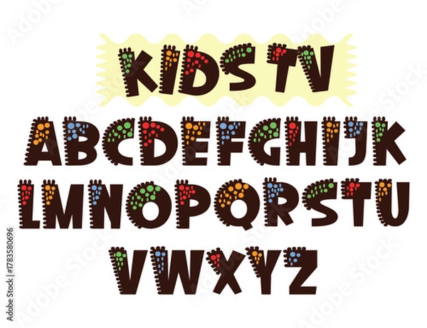 Fototapeta Alphabet letters in kids tv style with colorful dots and textured edges on a white background vector