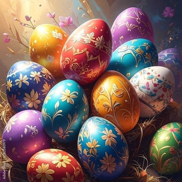Obraz Colorful, decorated eggs nestled in a woven bed of straw, illuminated by sunlight
