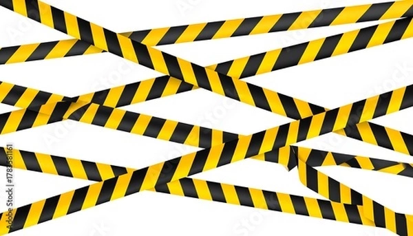 Fototapeta Striped barrier tapes of black and yellow crisscross over a white background, diagonally and horizontally