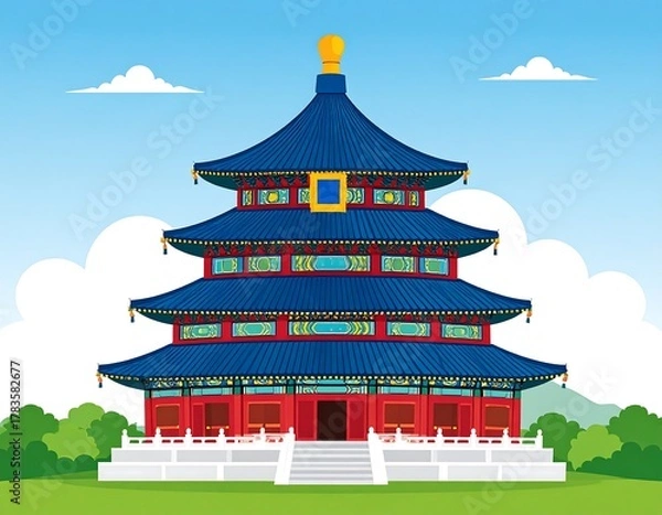 Obraz Colorful depiction of a traditional Asian pagoda with ornate architecture, blue roof