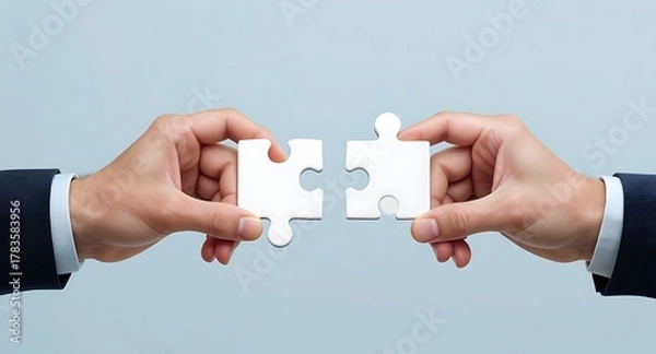Fototapeta Hands holding puzzle pieces, symbolizing teamwork, collaboration, and problem-solving in business.