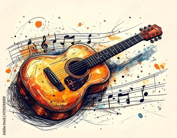 Obraz Colorful depiction of acoustic guitar with musical notes on a parchment-like background