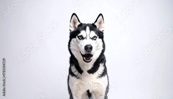 Fototapeta Studio shot of a husky dog, with a black and white coat and striking blue eyes. It has an open mouth with its tongue visible