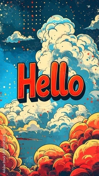 Obraz Colorful digital artwork of stylized clouds and a bright "Hello" in the sky