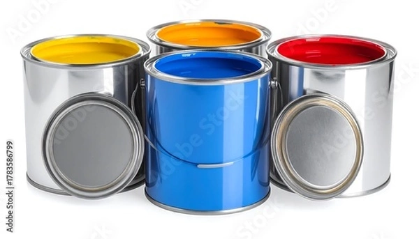 Fototapeta Studio shot of five open metal paint cans. The cans display vibrant primary and secondary colors. A lid sits in front of the blue can