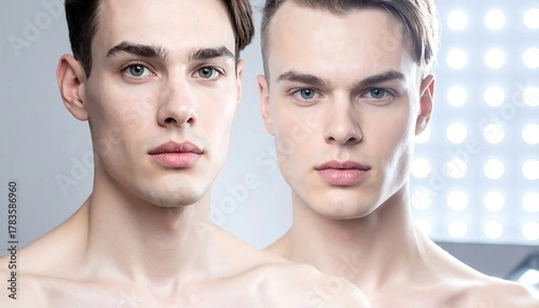Fototapeta Studio shot of two fair-skinned young men, one on left with dark hair & right with light, posing with a light panel in background