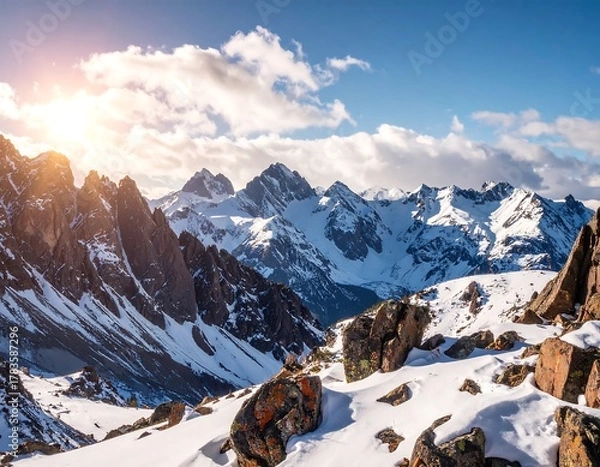 Fototapeta Stunning aerial shot of majestic mountain peaks covered in snow, illuminated by the sun's golden rays, beneath a clear blue sky with puffy clouds