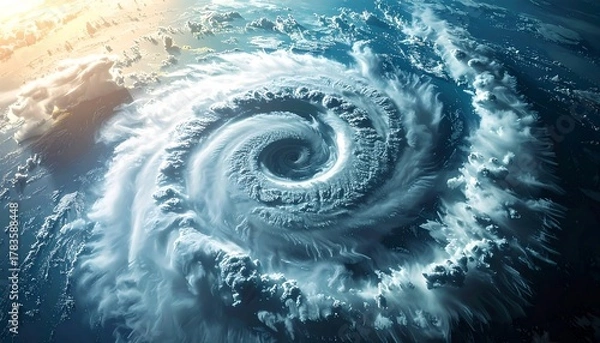 Fototapeta Stunning aerial view of a massive hurricane swirling over the ocean, showcasing swirling clouds and impressive detail. Sunlight highlights the storm