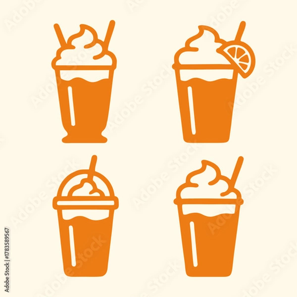 Fototapeta Cartoon vector icon set of cold sweet dessert food and beverage in a cup or glass with straw