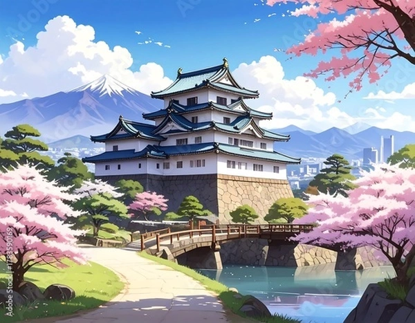 Obraz Colorful digital illustration of an Asian castle, cherry blossoms, and mountain views