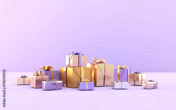 Fototapeta パープルと金のギフトボックスとオーナメントが縁取る華やかなホリデー背景3ｄデザイン