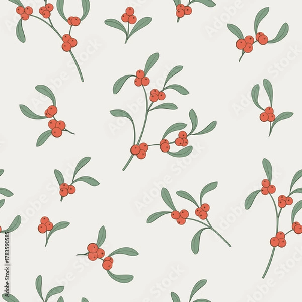 Obraz Beige Holly and Mistletoe pattern. Christmas floral pattern