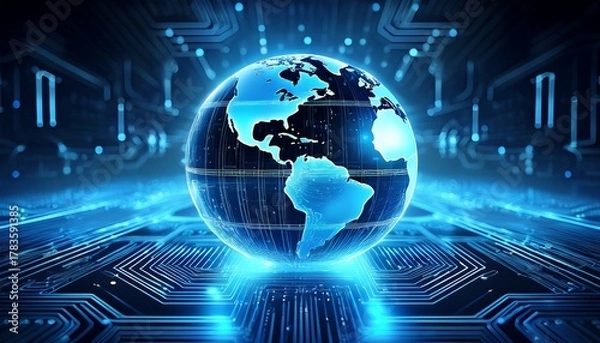 Fototapeta futuristic blue globe with digital texture and reflection on a circuit board surface