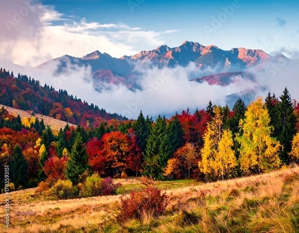 Fototapeta Stunning autumn landscape featuring vibrant fall foliage, evergreen trees, and majestic mountains shrouded in mist under a clear sky