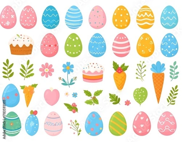 Obraz Colorful Easter-themed collection featuring decorated eggs, flowers, cake, and carrot illustrations
