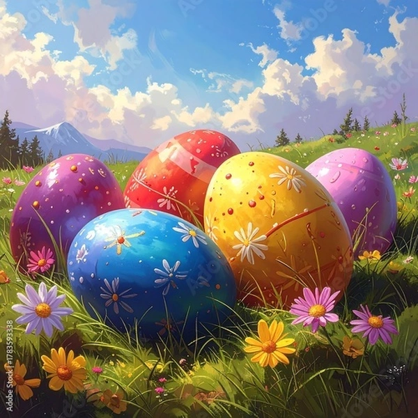 Obraz Colorful Easter eggs nestled in a lush, grassy field with wildflowers and blue sky