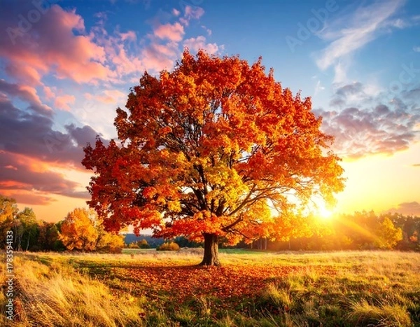 Fototapeta Stunning autumn landscape Vibrant tree stands majestically as sunset bathes the scene in golden light and colored clouds
