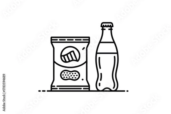 Fototapeta A bag of chips and a bottle of soda are depicted in a simple line art illustration.