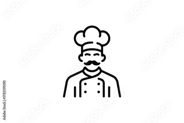 Fototapeta A chef wearing a tall hat and a mustache in a simple line drawing.