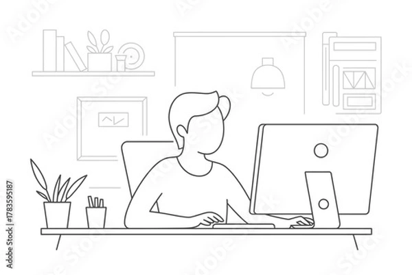 Fototapeta A person works at a computer on a desk with plants and books in a stylized illustration.