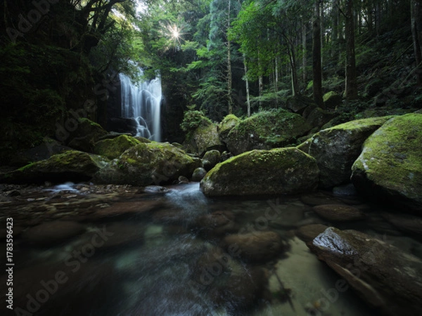 Obraz 太陽の光と滝