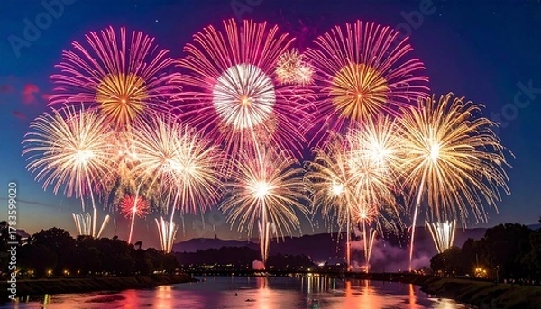 Fototapeta Stunning fireworks display over a calm river at dusk. Bursting with vibrant colors against a darkening sky. Trees line the riverbank