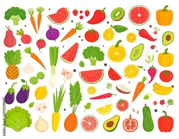 Obraz Colorful assortment of fresh, healthy vegetables and fruits arranged on a white background (1)
