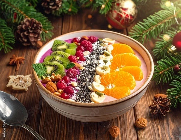 Obraz Colorful fruit smoothie bowl with various toppings, festive holiday setting