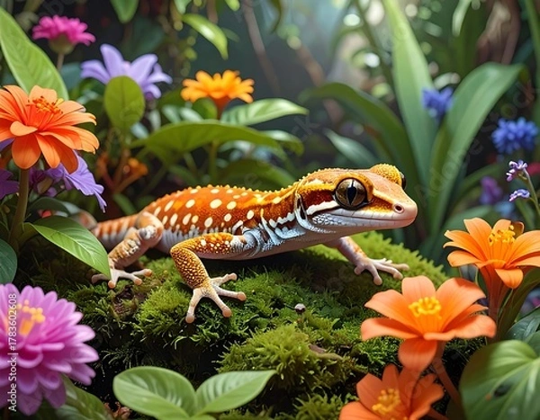 Obraz Colorful gecko in lush garden with vibrant flowers and green foliage