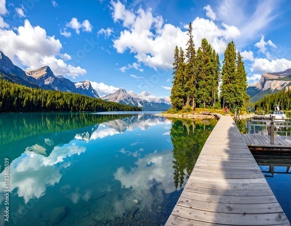 Fototapeta Stunning landscape showcases a pristine lake reflecting fluffy clouds & distant mountains. A small island with trees is linked by a wooden walkway