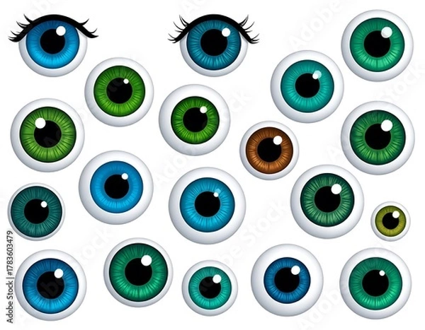 Fototapeta Colorful assortment of stylized cartoon eyeballs of various sizes and hues against a white background