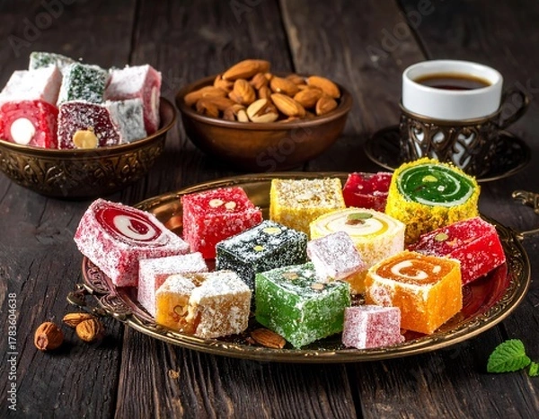 Obraz Colorful assortment of Turkish delight, nuts, and coffee on a rustic, dark wooden surface