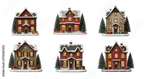 Fototapeta Collection of six festive miniature houses with snow and trees, isolated on transparent background
