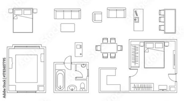 Fototapeta Top-down vector illustration of furniture and interior layout elements, including beds, sofas, a dining table with chairs, a bathtub, toilet, sink, wardrobe, and a desk, presented in a clean line art