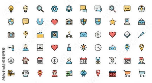 Obraz Diverse Collection of Minimalistic Flat Icons with Filled Color Accents, Featuring Essential Symbols for Web Design, App Development, Social Media, and Business Presentations, Including Technology