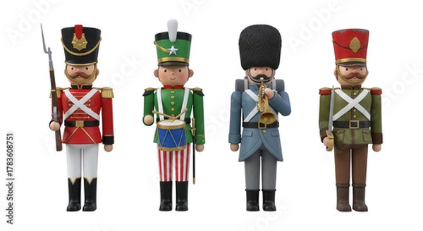 Fototapeta Four decorative nutcracker soldier figures in uniform isolated on transparent background