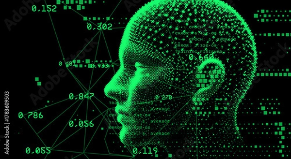 Fototapeta Digital vector illustration features a pixelated human head in profile in neon green and black. The style is futuristic and abstract, combining geometric shapes, numbers, and data for an AI theme.