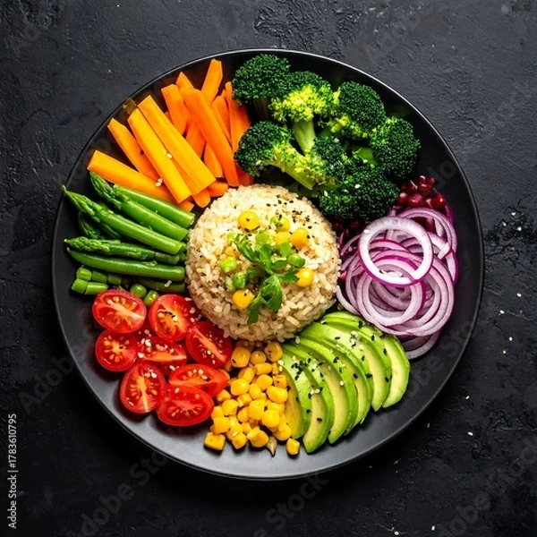 Obraz Colorful, healthy vegan bowl rice, vegetables, avocado, and pomegranate on a black plate
