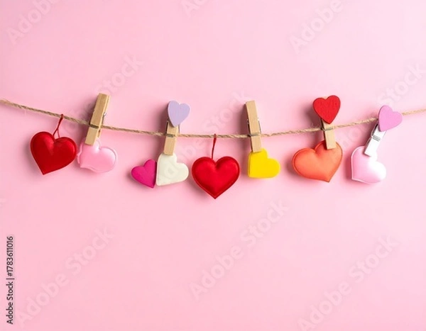 Obraz Colorful hearts hang from a string clipped by wooden clothespins against a pastel pink backdrop