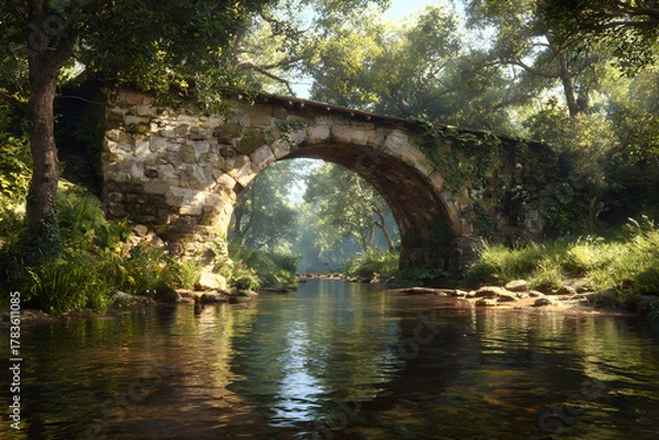 Fototapeta Timeless Stone Bridge in aVerdant Landscape: Emblem f Connection and StabilityAmidst Nature's Serenity