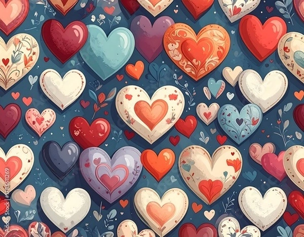Obraz Colorful heart shapes of various colors and designs form a seamless pattern