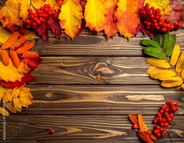 Obraz Colorful autumn leaves and red berries artfully arranged on a rustic wooden surface