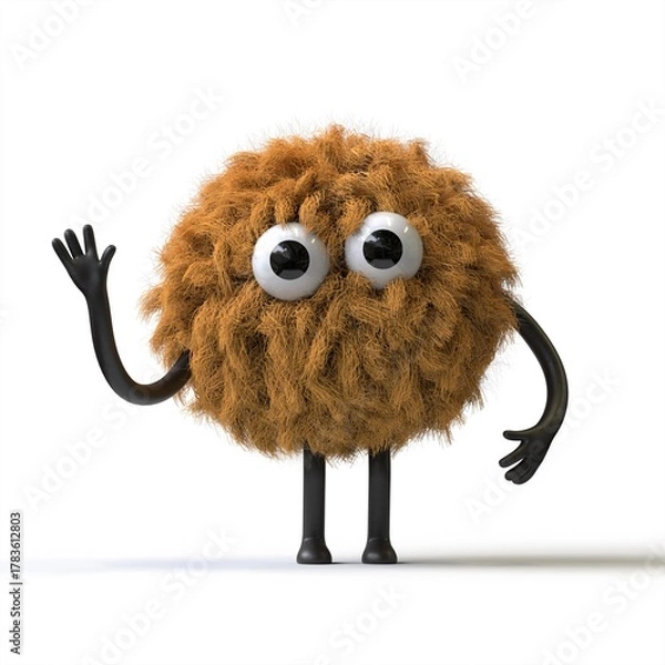 Obraz Fluffy, cute monster waving, symbolizing greeting or friendliness. 3D rendering, conceptual image. Isolated on white background.