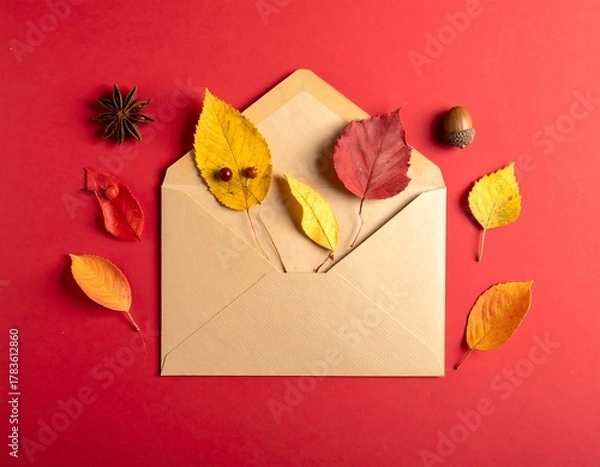 Obraz Colorful autumn leaves arranged around an open envelope against a vibrant red backdrop
