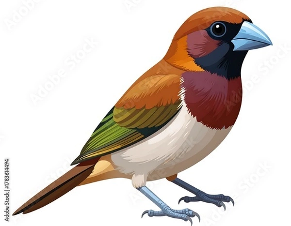 Obraz Colorful illustrated bird with detailed feathers, light beak, and a clean white background