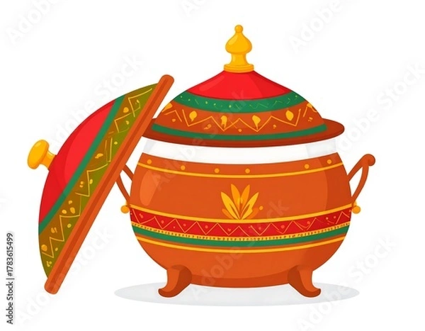 Obraz Colorful illustrated clay pot with lid off to the side, decorated with ornate designs