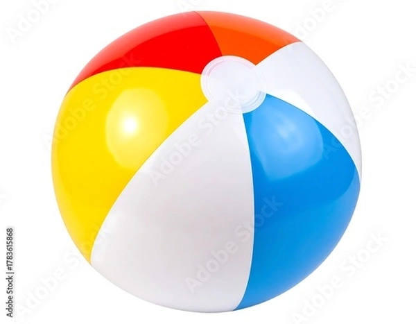 Fototapeta Colorful beach ball with sections of red, orange, yellow, white, and blue, isolated on white