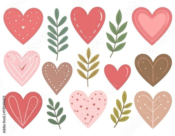 Obraz Colorful illustrated collection of hearts and leaves in different styles and shades, ideal for design